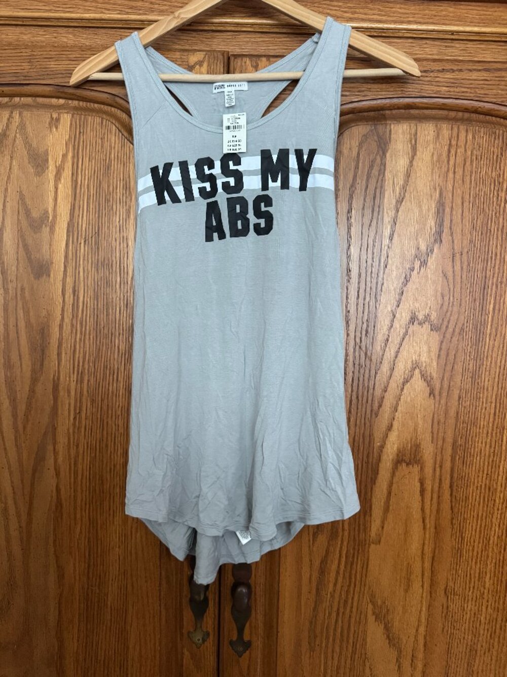 PINK Victoria's Secret Gray Tank Top with 'KISS MY ABS' Graphic